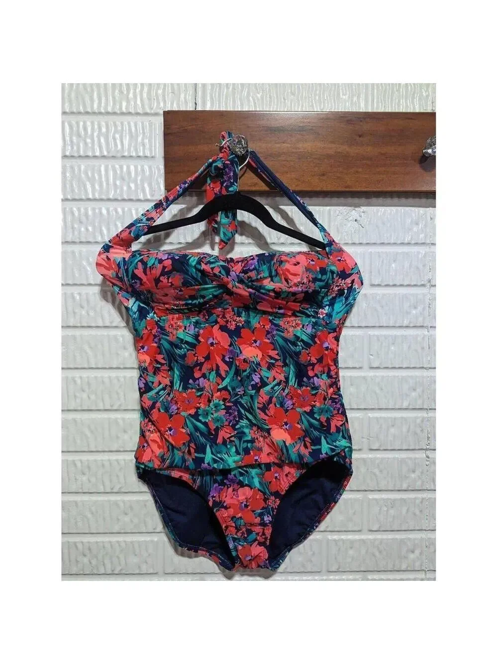 Catalina Women's XL 16/18 Orange Blue Floral One-Piece Halter Top Swimsuit